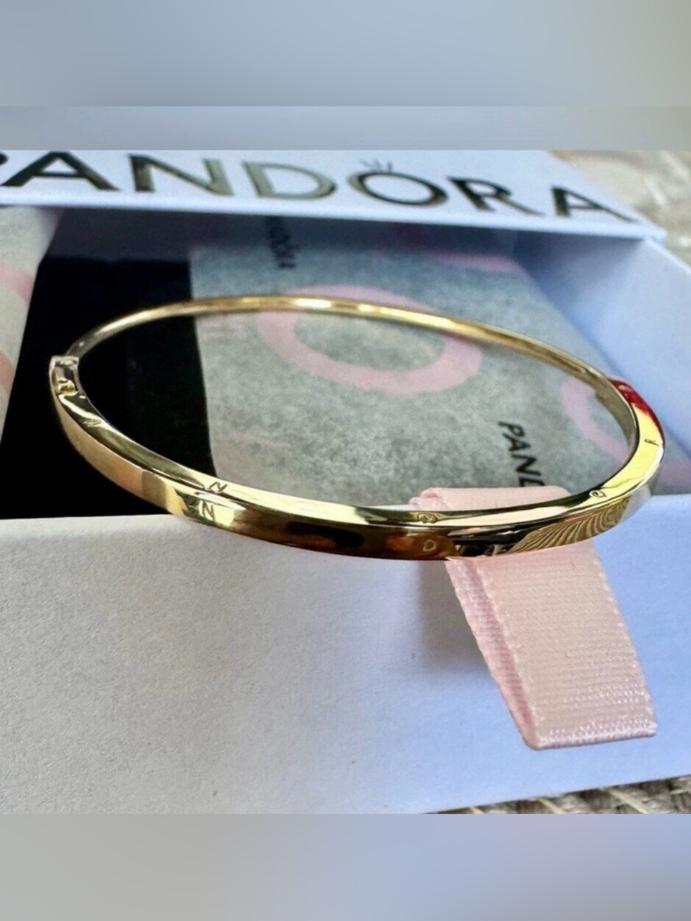 Pandora Signature 14k Solid Gold I-D Bangle Bracelet 552227C00 Size 3(7.5")